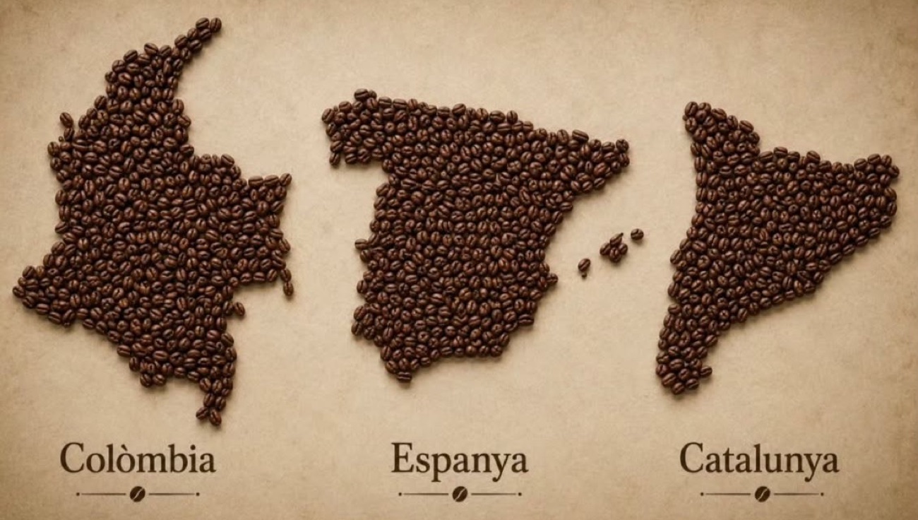 Colombia, España y Cataluña dibujadas con granos de café